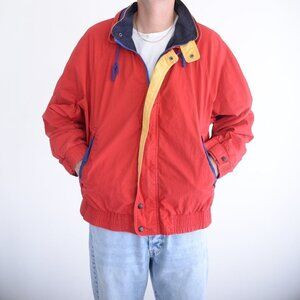 VTG Lewritter Beverly Hills Red Yellow Zip Up W/ Stowaway Hood Aviator Jacket M